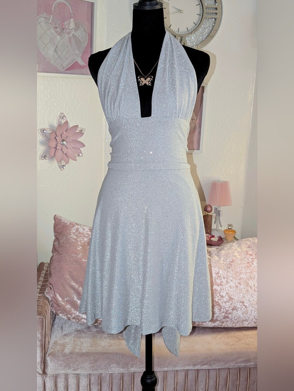 ✨ Cokama Silver Metallic Shimmer Halter Dress Open Back Multi Way Tie NWT L ✨